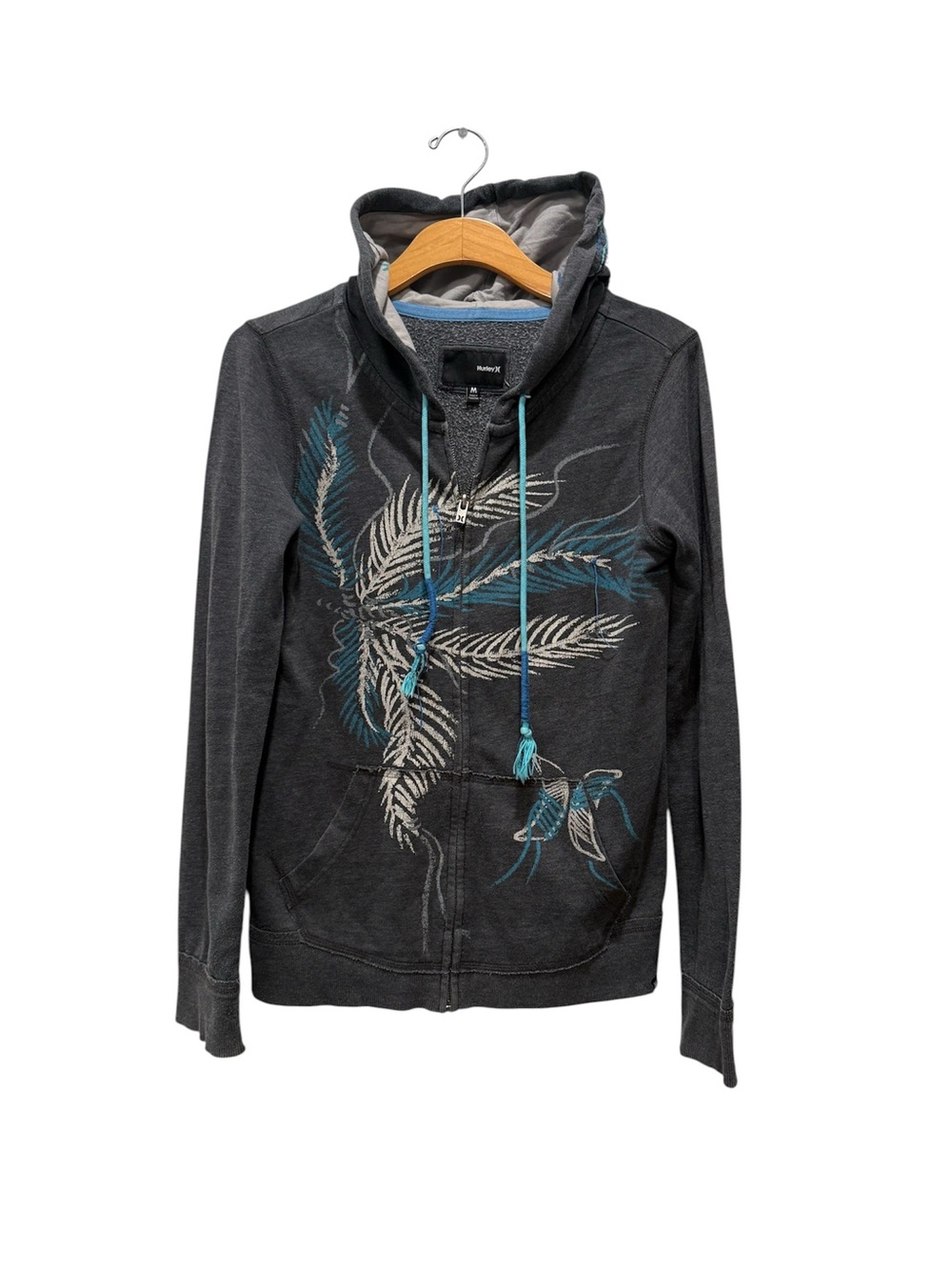 Hurley Dark Gray Zip-Up Hoodie with Teal Drawstrings and Feather Graphic